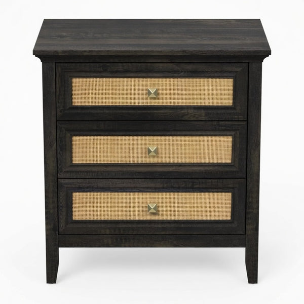 English Elm 29.5" Wide Boho Rattan Nightstand Three Drawer Tall Chest with Bronze Knobs B082P529486