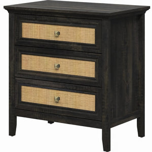 English Elm 29.5" Wide Boho Rattan Nightstand Three Drawer Tall Chest with Bronze Knobs B082P529486