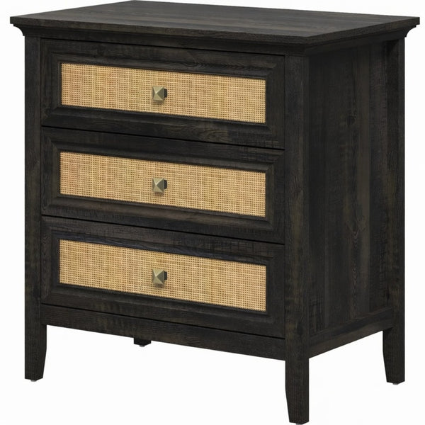 English Elm 29.5" Wide Boho Rattan Nightstand Three Drawer Tall Chest with Bronze Knobs B082P529486