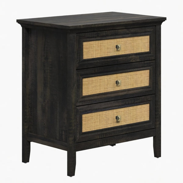 English Elm 29.5" Wide Boho Rattan Nightstand Three Drawer Tall Chest with Bronze Knobs B082P529486