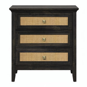 English Elm 29.5" Wide Boho Rattan Nightstand Three Drawer Tall Chest with Bronze Knobs B082P529486