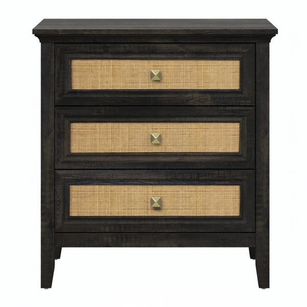 English Elm 29.5" Wide Boho Rattan Nightstand Three Drawer Tall Chest with Bronze Knobs B082P529486