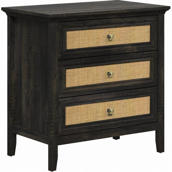 English Elm 29.5" Wide Boho Rattan Nightstand Three Drawer Tall Chest with Bronze Knobs B082P529486