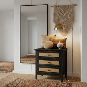 English Elm 29.5" Wide Boho Rattan Nightstand Three Drawer Tall Chest with Bronze Knobs B082P529486