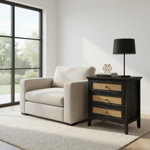 English Elm 29.5" Wide Boho Rattan Nightstand Three Drawer Tall Chest with Bronze Knobs B082P529486