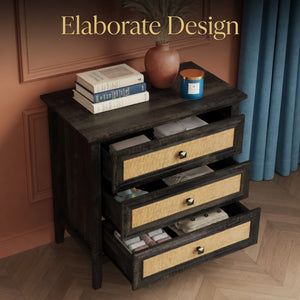 English Elm 29.5" Wide Boho Rattan Nightstand Three Drawer Tall Chest with Bronze Knobs B082P529486