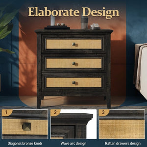 English Elm 29.5" Wide Boho Rattan Nightstand Three Drawer Tall Chest with Bronze Knobs B082P529486