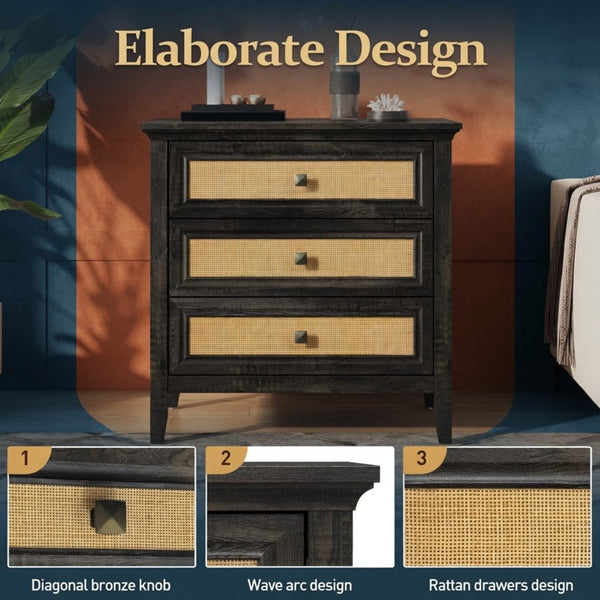 English Elm 29.5" Wide Boho Rattan Nightstand Three Drawer Tall Chest with Bronze Knobs B082P529486