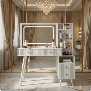 English Elm 48" Fluted White Makeup Vanity Desk with Hollywood Led Mirror and Built-in Power Outlet B082P529487