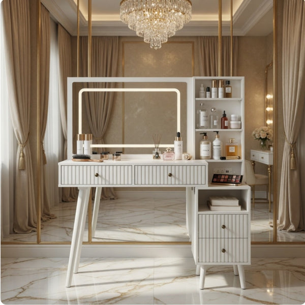 English Elm 48" Fluted White Makeup Vanity Desk with Hollywood Led Mirror and Built-in Power Outlet B082P529487