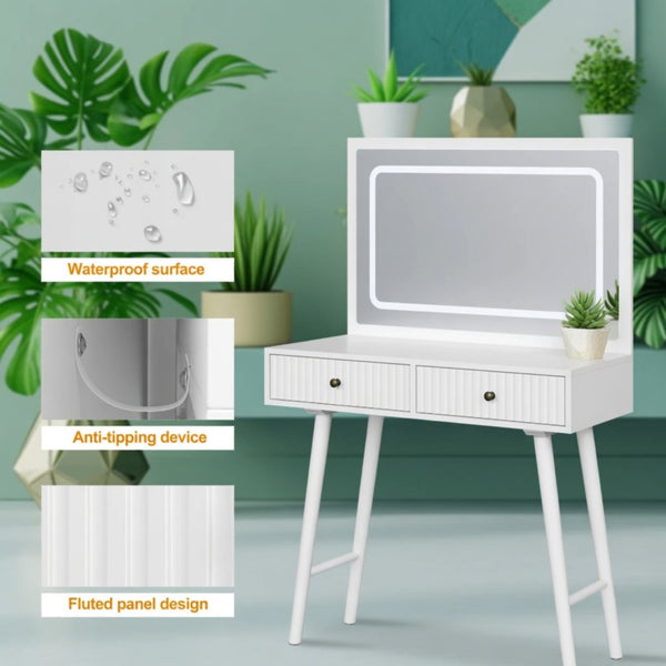 English Elm 48" Fluted White Makeup Vanity Desk with Hollywood Led Mirror and Built-in Power Outlet B082P529487