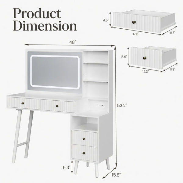English Elm 48" Fluted White Makeup Vanity Desk with Hollywood Led Mirror and Built-in Power Outlet B082P529487