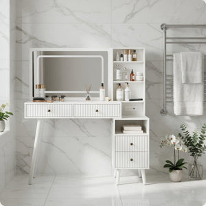 English Elm 48" Fluted White Makeup Vanity Desk with Hollywood Led Mirror and Built-in Power Outlet B082P529487