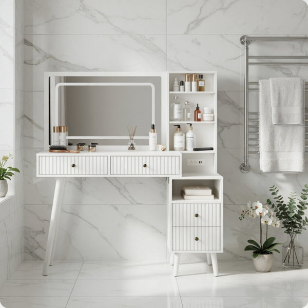 English Elm 48" Fluted White Makeup Vanity Desk with Hollywood Led Mirror and Built-in Power Outlet B082P529487
