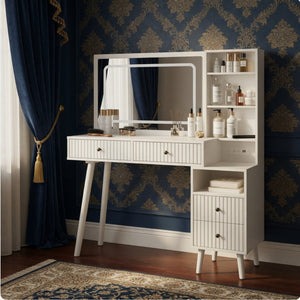 English Elm 48" Fluted White Makeup Vanity Desk with Hollywood Led Mirror and Built-in Power Outlet B082P529487