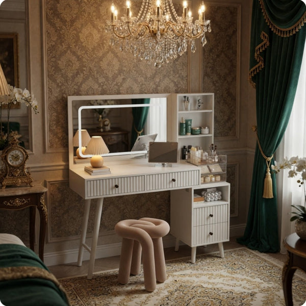 English Elm 48" Fluted White Makeup Vanity Desk with Hollywood Led Mirror and Built-in Power Outlet B082P529487
