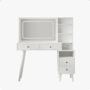 English Elm 48" Fluted White Makeup Vanity Desk with Hollywood Led Mirror and Built-in Power Outlet B082P529487