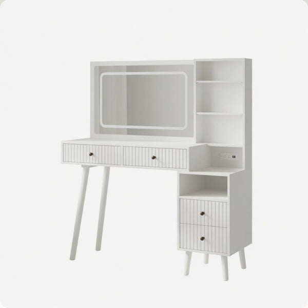 English Elm 48" Fluted White Makeup Vanity Desk with Hollywood Led Mirror and Built-in Power Outlet B082P529487