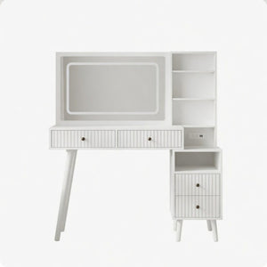 English Elm 48" Fluted White Makeup Vanity Desk with Hollywood Led Mirror and Built-in Power Outlet B082P529487