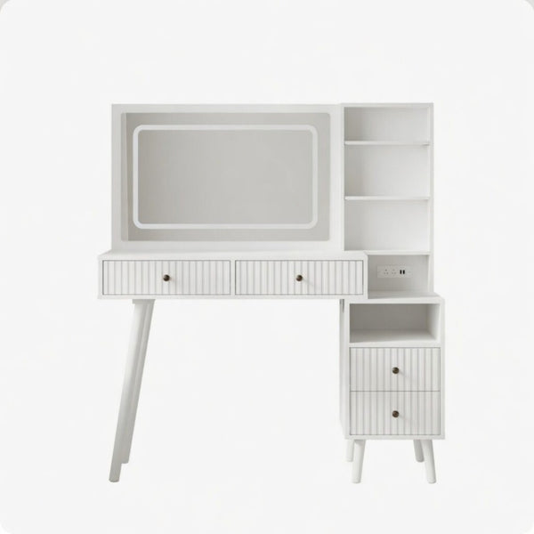 English Elm 48" Fluted White Makeup Vanity Desk with Hollywood Led Mirror and Built-in Power Outlet B082P529487