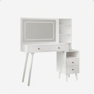 English Elm 48" Fluted White Makeup Vanity Desk with Hollywood Led Mirror and Built-in Power Outlet B082P529487