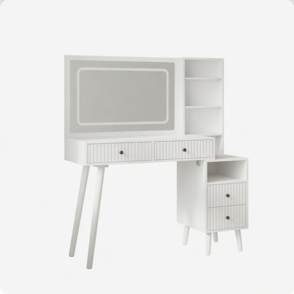 English Elm 48" Fluted White Makeup Vanity Desk with Hollywood Led Mirror and Built-in Power Outlet B082P529487