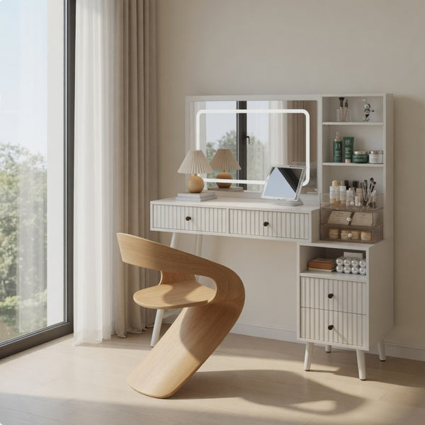 English Elm 48" Fluted White Makeup Vanity Desk with Hollywood Led Mirror and Built-in Power Outlet B082P529487
