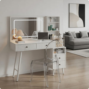English Elm 48" Fluted White Makeup Vanity Desk with Hollywood Led Mirror and Built-in Power Outlet B082P529487