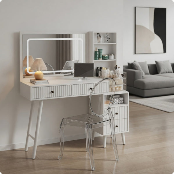 English Elm 48" Fluted White Makeup Vanity Desk with Hollywood Led Mirror and Built-in Power Outlet B082P529487