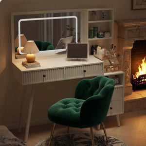 English Elm 48" Fluted White Makeup Vanity Desk with Hollywood Led Mirror and Built-in Power Outlet B082P529487