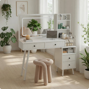 English Elm 48" Fluted White Makeup Vanity Desk with Hollywood Led Mirror and Built-in Power Outlet B082P529487