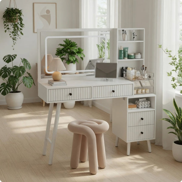 English Elm 48" Fluted White Makeup Vanity Desk with Hollywood Led Mirror and Built-in Power Outlet B082P529487