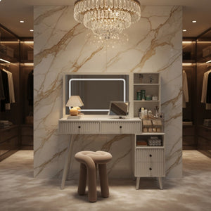 English Elm 48" Fluted White Makeup Vanity Desk with Hollywood Led Mirror and Built-in Power Outlet B082P529487