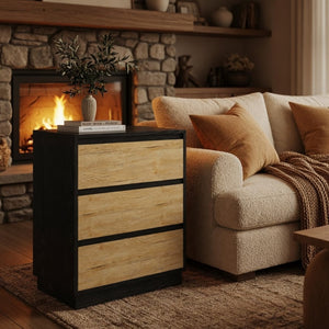 English Elm 23.6 Inch Two-Tone 3 Drawer Nightstand Push Open MDF Bedside Table Modern Bedroom B082P529488