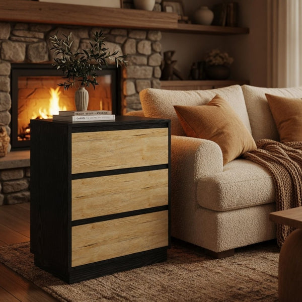 English Elm 23.6 Inch Two-Tone 3 Drawer Nightstand Push Open MDF Bedside Table Modern Bedroom B082P529488
