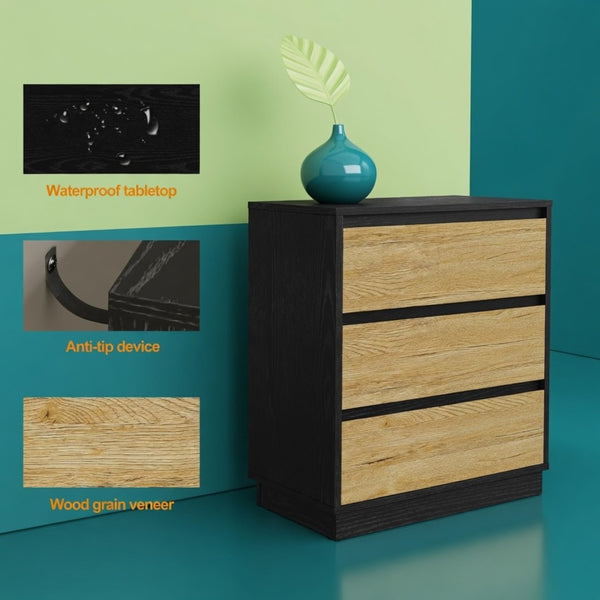 English Elm 23.6 Inch Two-Tone 3 Drawer Nightstand Push Open MDF Bedside Table Modern Bedroom B082P529488