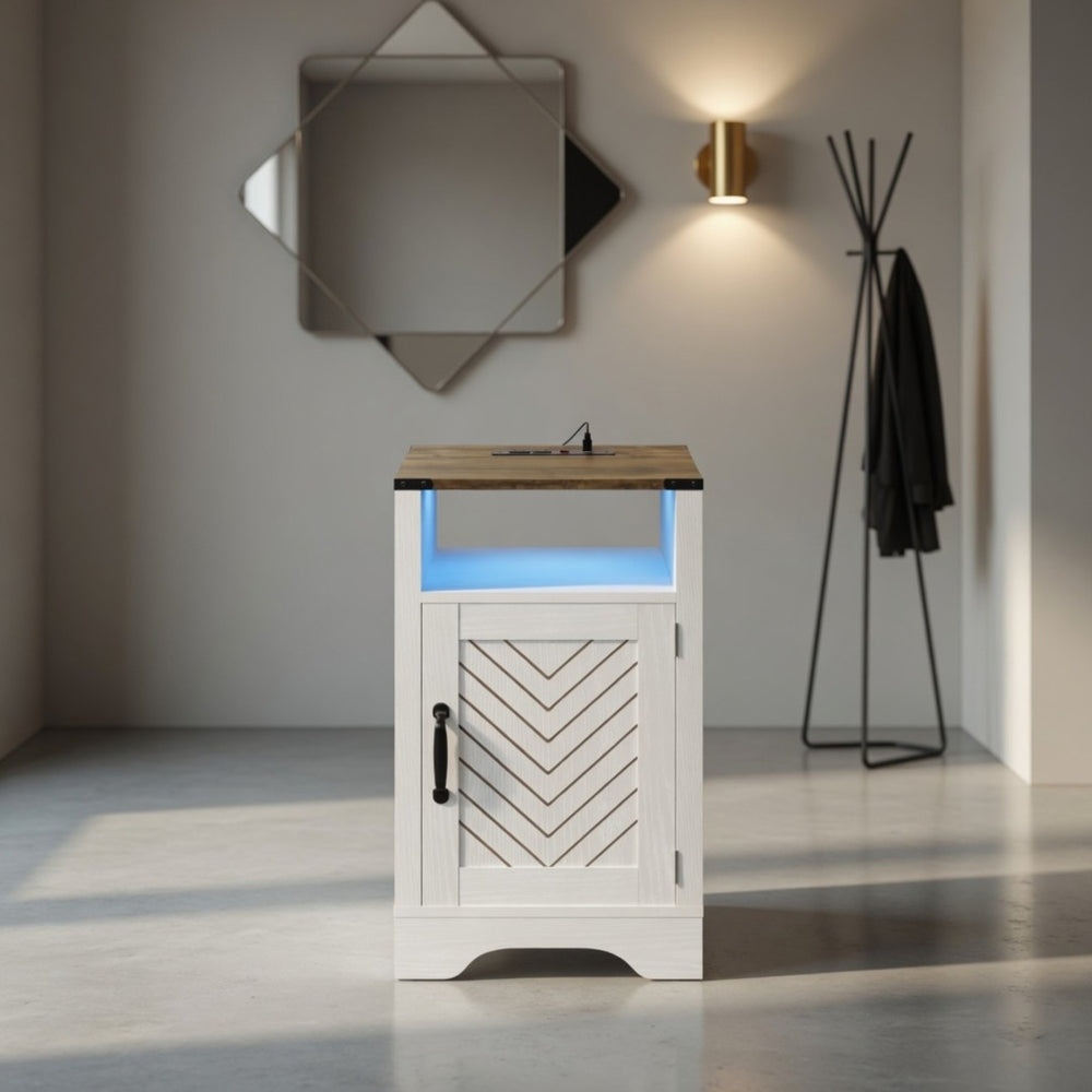 English Elm 16" Modern Farmhouse Nightstand with Rgb Led Lighting and Built-in Charging Station B082P529489