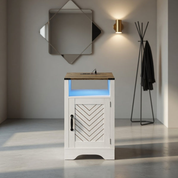 English Elm 16" Modern Farmhouse Nightstand with Rgb Led Lighting and Built-in Charging Station B082P529489