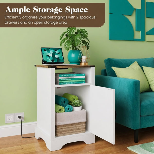 English Elm 16" Modern Farmhouse Nightstand with Rgb Led Lighting and Built-in Charging Station B082P529489
