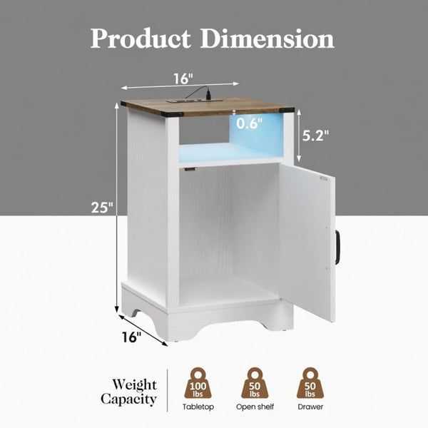 English Elm 16" Modern Farmhouse Nightstand with Rgb Led Lighting and Built-in Charging Station B082P529489