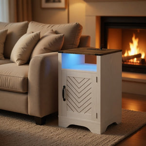 English Elm 16" Modern Farmhouse Nightstand with Rgb Led Lighting and Built-in Charging Station B082P529489