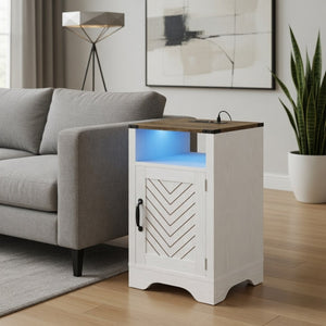English Elm 16" Modern Farmhouse Nightstand with Rgb Led Lighting and Built-in Charging Station B082P529489