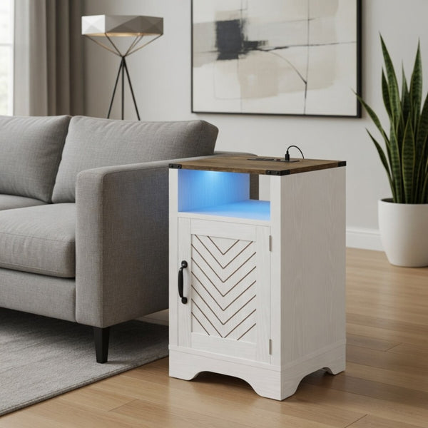 English Elm 16" Modern Farmhouse Nightstand with Rgb Led Lighting and Built-in Charging Station B082P529489