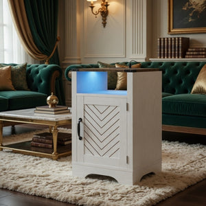 English Elm 16" Modern Farmhouse Nightstand with Rgb Led Lighting and Built-in Charging Station B082P529489