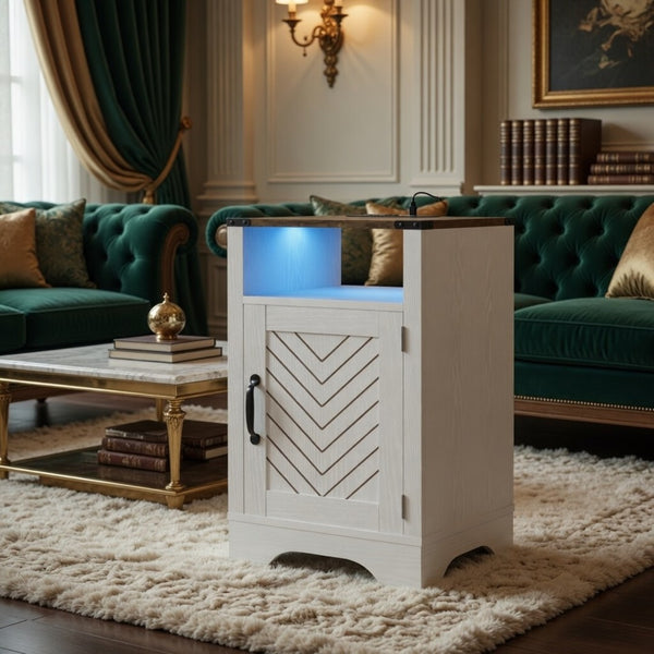 English Elm 16" Modern Farmhouse Nightstand with Rgb Led Lighting and Built-in Charging Station B082P529489