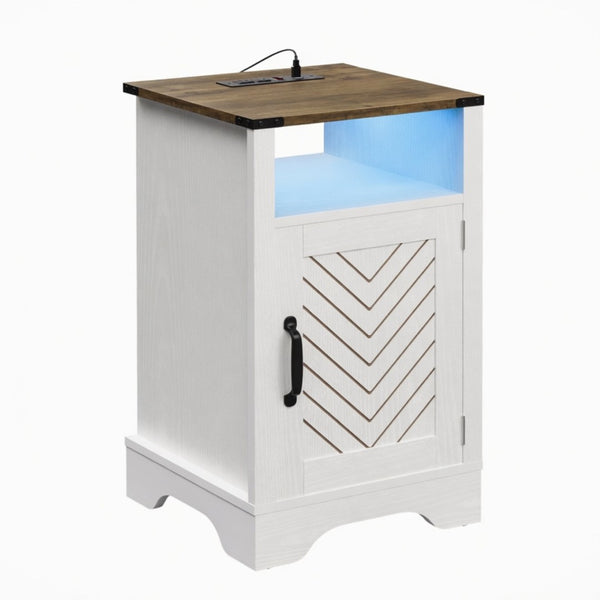English Elm 16" Modern Farmhouse Nightstand with Rgb Led Lighting and Built-in Charging Station B082P529489