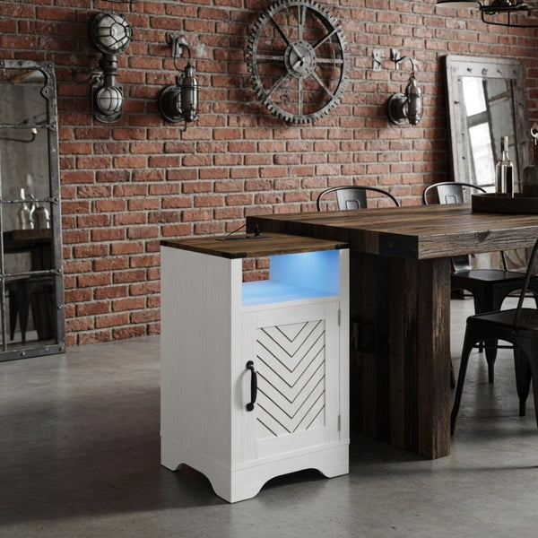 English Elm 16" Modern Farmhouse Nightstand with Rgb Led Lighting and Built-in Charging Station B082P529489
