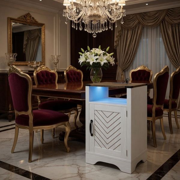 English Elm 16" Modern Farmhouse Nightstand with Rgb Led Lighting and Built-in Charging Station B082P529489