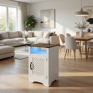 English Elm 16" Modern Farmhouse Nightstand with Rgb Led Lighting and Built-in Charging Station B082P529489