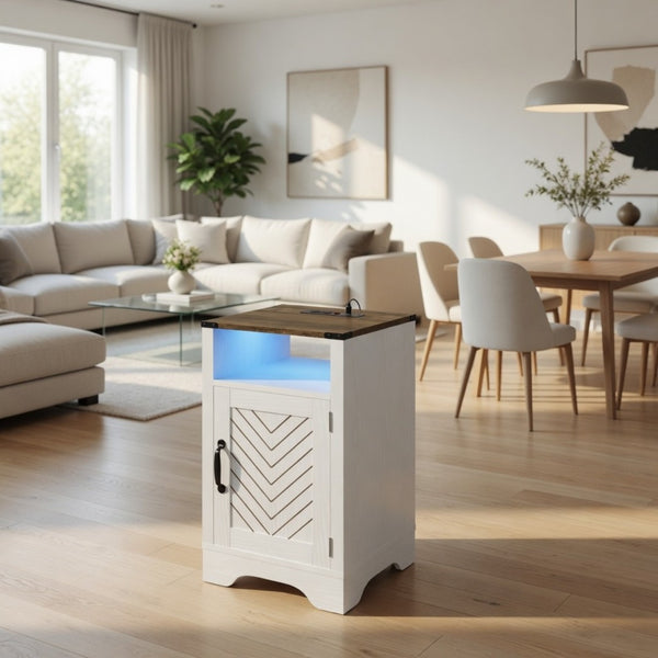 English Elm 16" Modern Farmhouse Nightstand with Rgb Led Lighting and Built-in Charging Station B082P529489